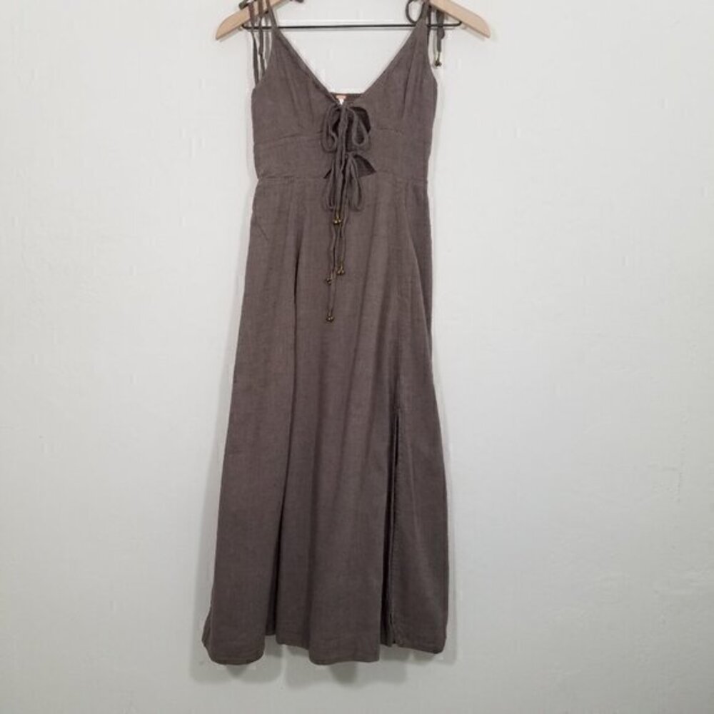 Free People Taupe Brown Midi Tie-Front Linen Dress